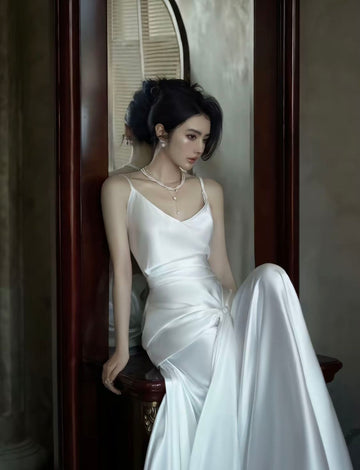 Simple White Mermaid Spaghetti Strap Satin Open Back Prom Dress Party Dress HZ1023